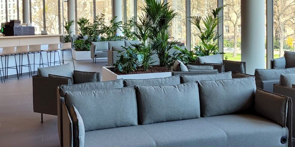Sitzgruppe in der Kaffeebar mit Blick durch die Fenster zum Rathaus