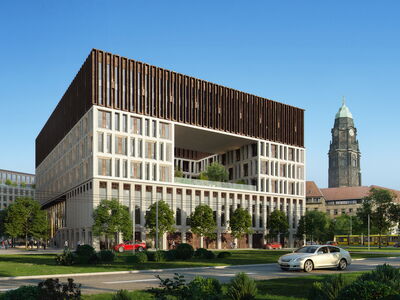 Ostansicht des Stadtforums Dresden mit Rathaus im Hintergrund